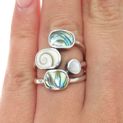 925 Sterling Silver Vintage Real Abalone Shell & MOP Modernist Ring Size 6.75