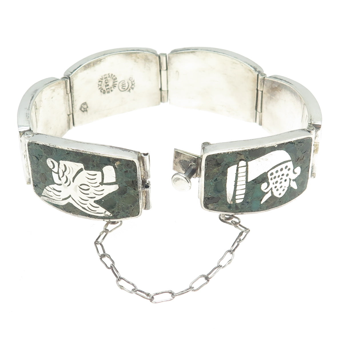 MIGUEL MELENDEZ Sterling Silver Vintage Mexico Azurite Tribal Animal Bracelet 7"