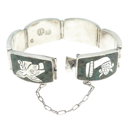 MIGUEL MELENDEZ Sterling Silver Vintage Mexico Azurite Tribal Animal Bracelet 7"