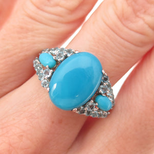 925 Sterling Silver Real Sleeping Beauty Turquoise & Blue Topaz Ring Size 8