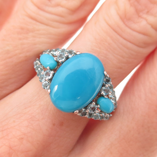 925 Sterling Silver Real Sleeping Beauty Turquoise & Blue Topaz Ring Size 8