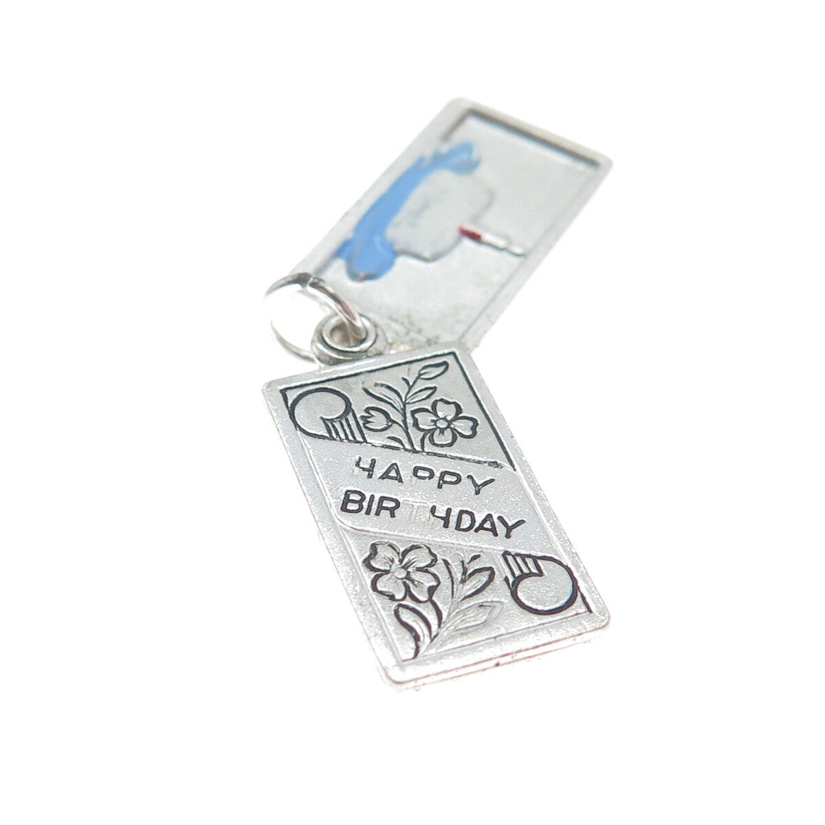 WELLS 925 Sterling Silver Antique Enamel "Happy Birthday" Floral Cake Pendant
