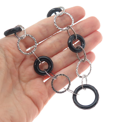 925 Sterling Silver Vintage Real Black Onyx Multi-Circle Chain Necklace 18"