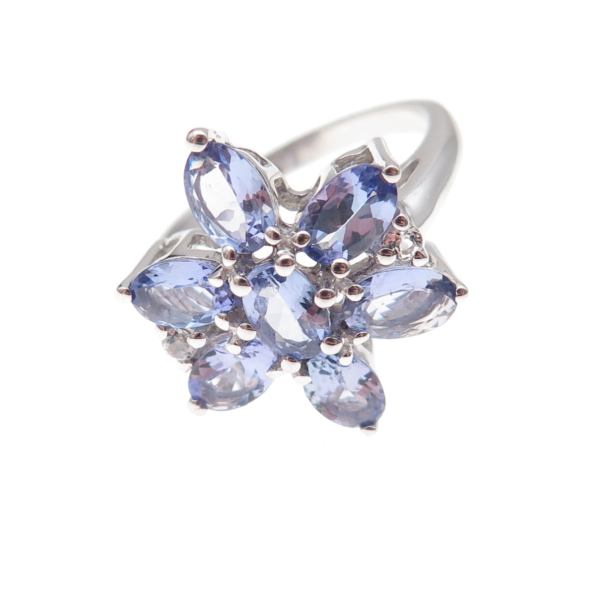 925 Sterling Silver Real Tanzanite & White Topaz Floral Ring Size 8