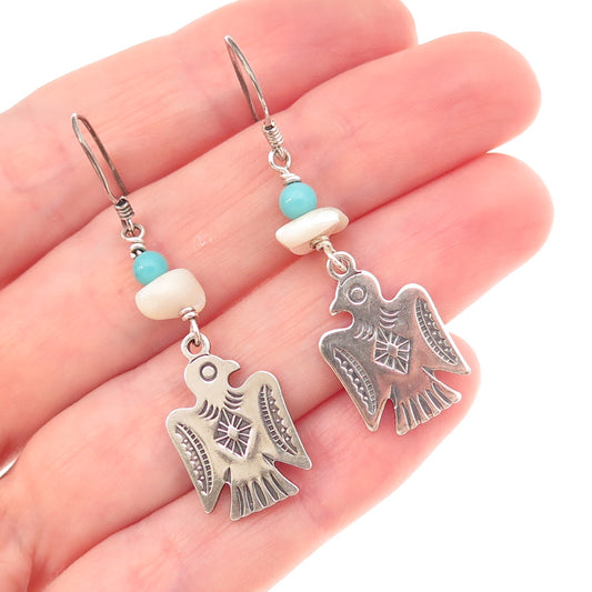 Old Pawn 925 Sterling Silver Vintage Turquoise & MOP Thunderbird Dangle Earrings