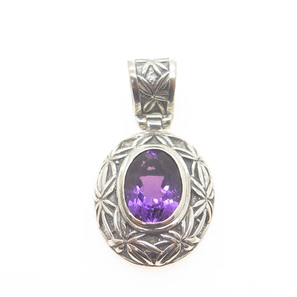 925 Sterling Silver Vintage Real Amethyst Floral Ornate Oxidized Pendant