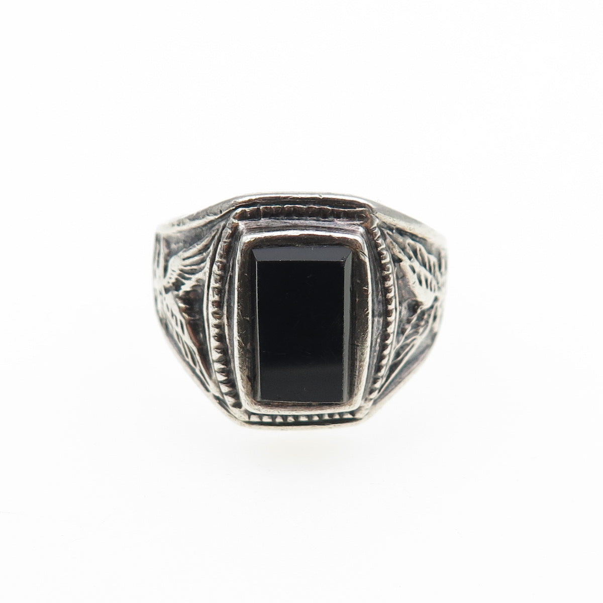 925 Sterling Silver Vintage Real Black Onyx Eagle Bird Oxidized Ring Size 9.75