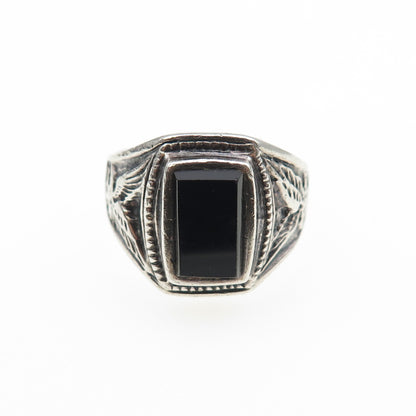 925 Sterling Silver Vintage Real Black Onyx Eagle Bird Oxidized Ring Size 9.75