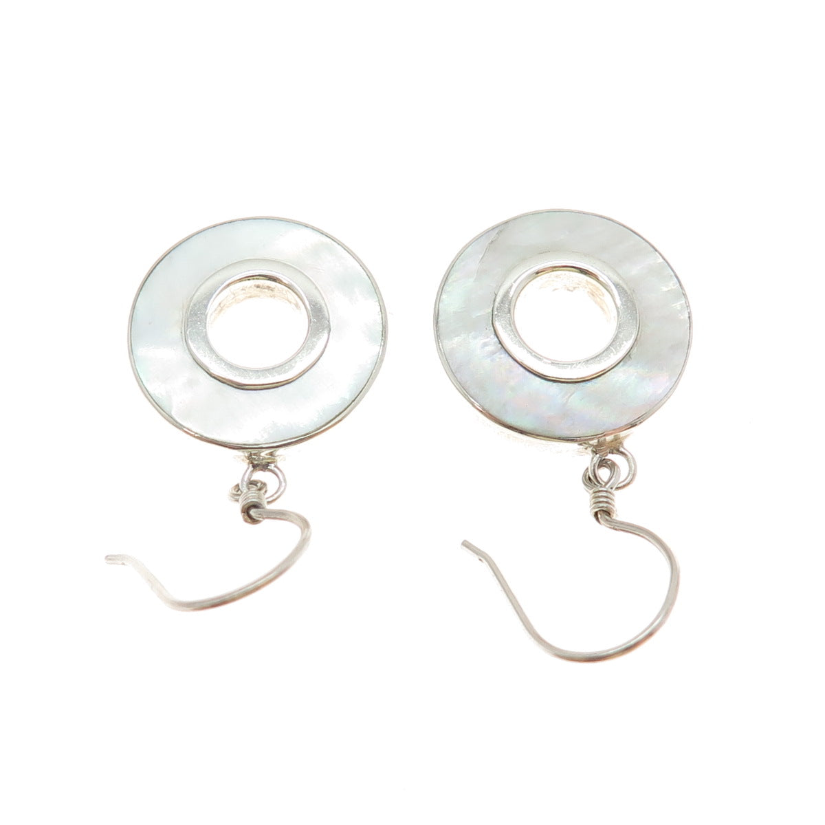 925 Sterling Silver Vintage Real Mother-of-Pearl Disc Dangle Earrings