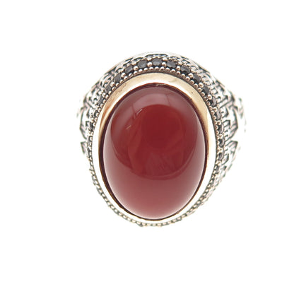 925 Sterling 2-Tone Vintage Real Carnelian & Black Spinel Star Ring Size 11.5