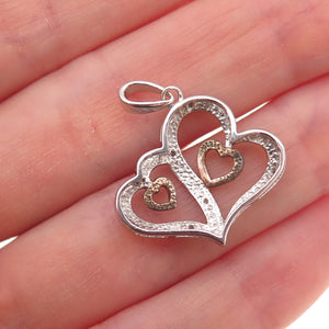 925 Sterling Silver 2-Tone Real Round-Cut Diamond Couple Heart Charm Pendant