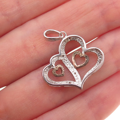 925 Sterling Silver 2-Tone Real Round-Cut Diamond Couple Heart Charm Pendant