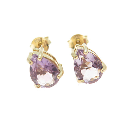 925 Sterling Silver Gold Plated Real Pear-Cut Amethyst Stud Earrings