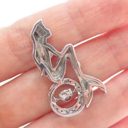 925 Sterling Silver Round-Cut C Z Ariel Mermaid Charm Slide Pendant