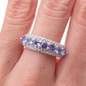925 Sterling Silver Real Round-Cut Diamond & Tanzanite Ring Size 8