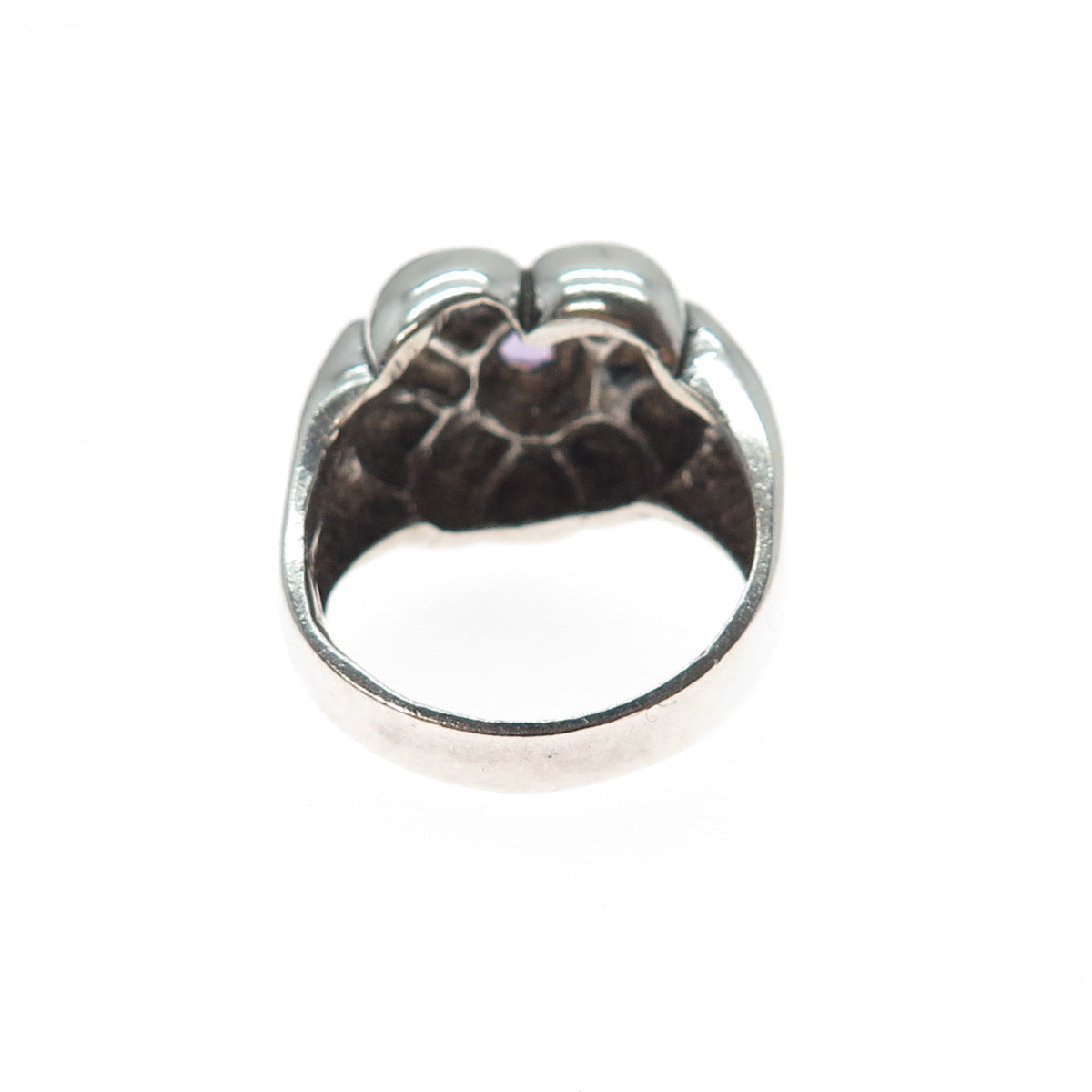 925 Sterling Silver Vintage Real Amethyst Modernist Heart Ring Size 9.25