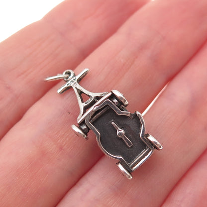 925 Sterling Silver Vintage Lawnmower Oxidized 3D Charm Pendant