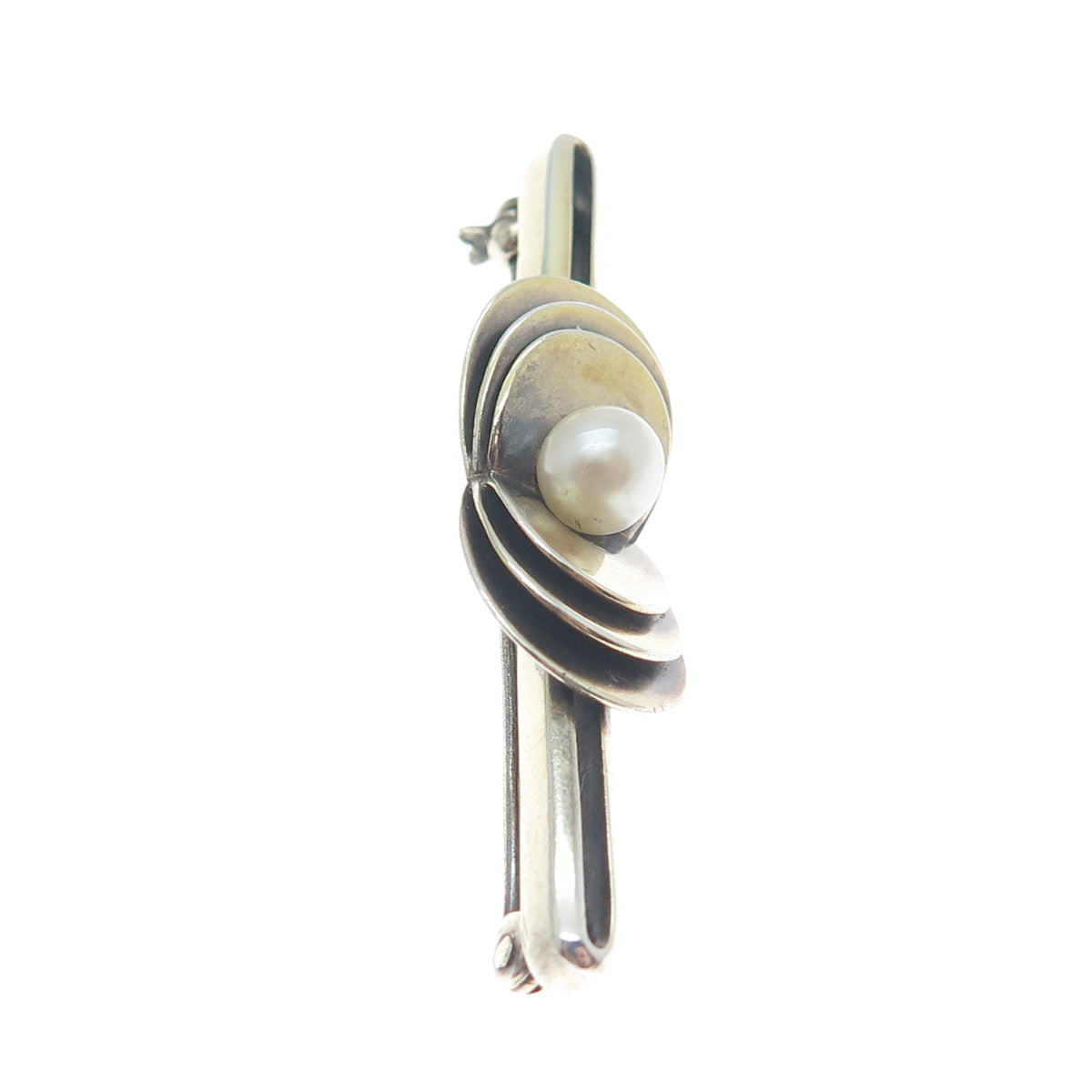 830 Silver Gold Filled Vintage Real Pearl Modernist Oxidized Pin Brooch