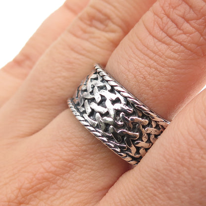 925 Sterling Silver Vintage Modernist Mesh Band Oxidized Ring Size 8.25