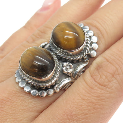 925 Sterling Silver Vintage Real Tiger Eye Kali Statement Oxidized Ring Size 6.5