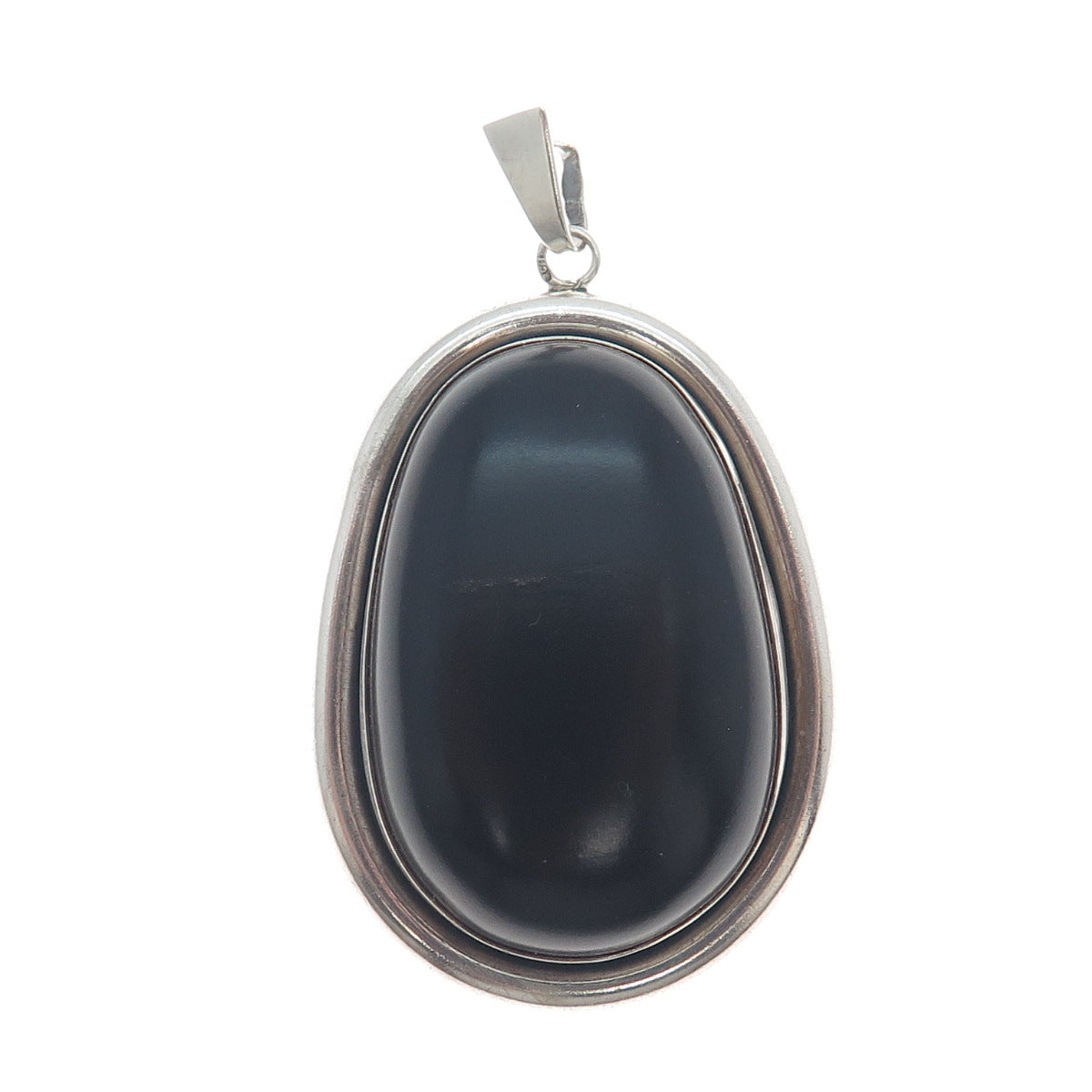 925 Sterling Silver Vintage Poland Black Bakelite Gemstone Large Pendant