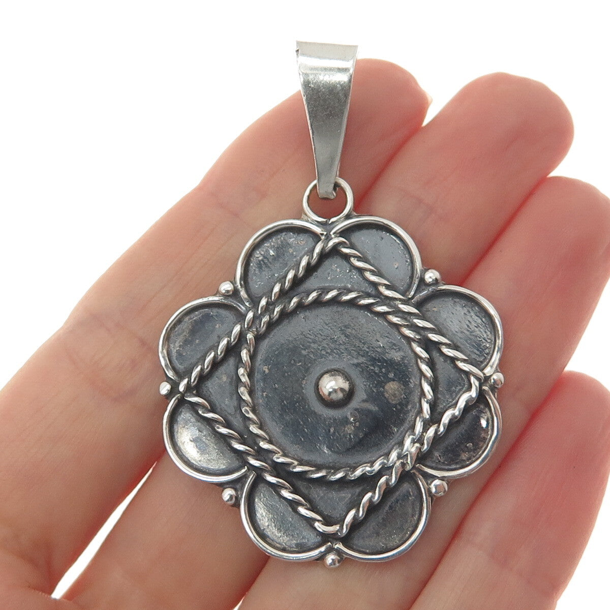 925 Sterling Silver Vintage Mexico Modernist Flower Oxidized Pendant