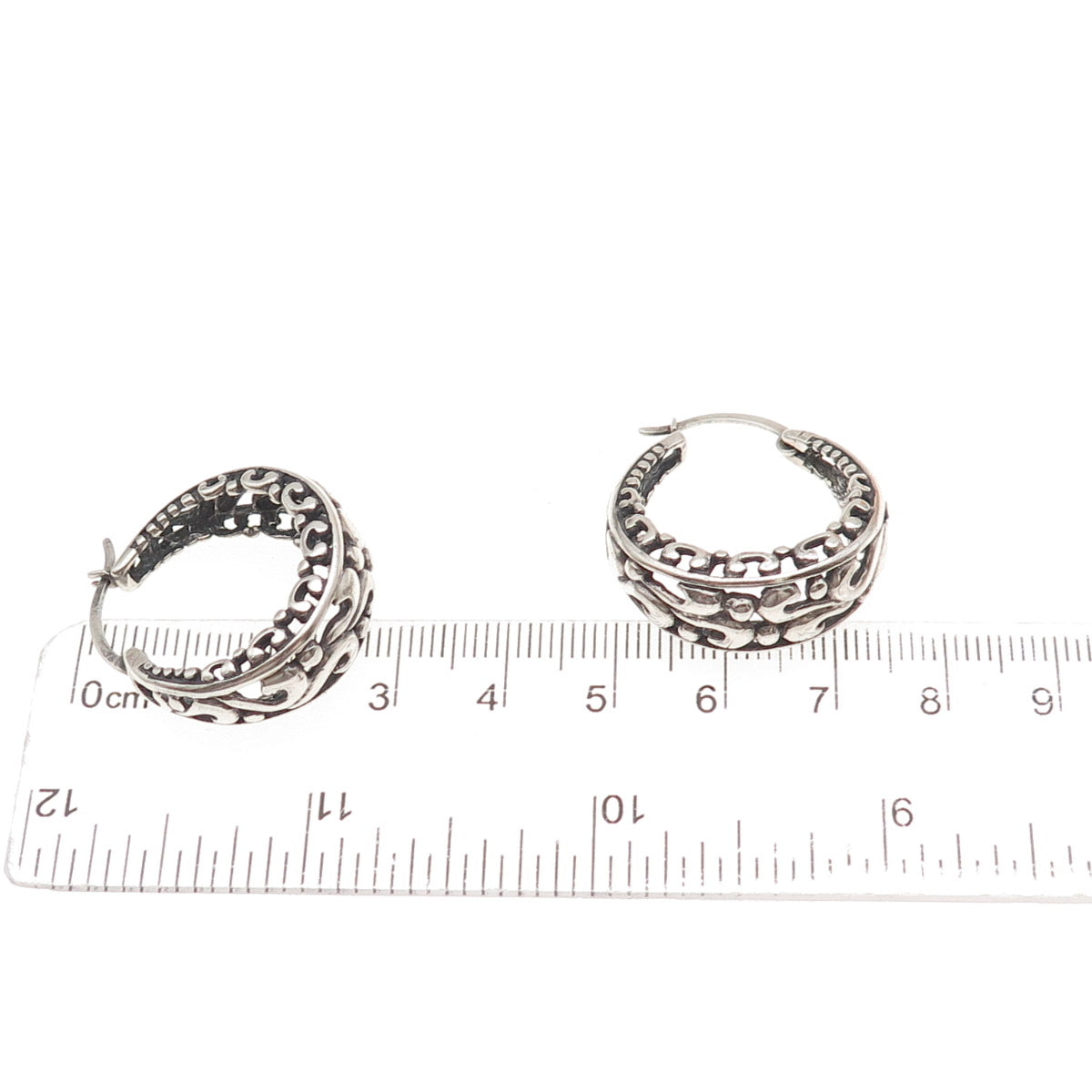 Annika Witt 925 Sterling Silver Vintage Floral Scroll Oxidized Hoop Earrings