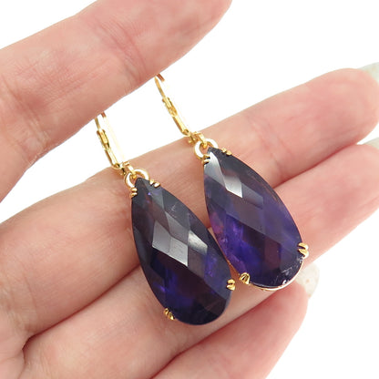 925 Sterling Silver Gold Plated Real Pear-Cut Amethyst Dangling Earrings