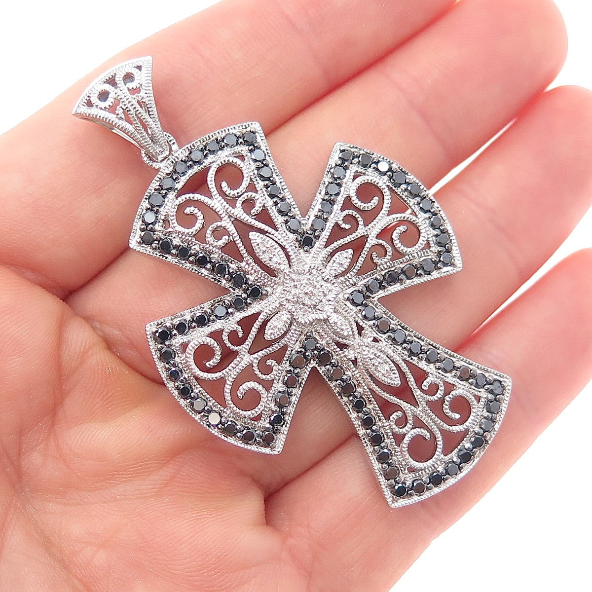 925 Sterling Silver Real Round-Cut Black Diamond Ornate Cross Pendant