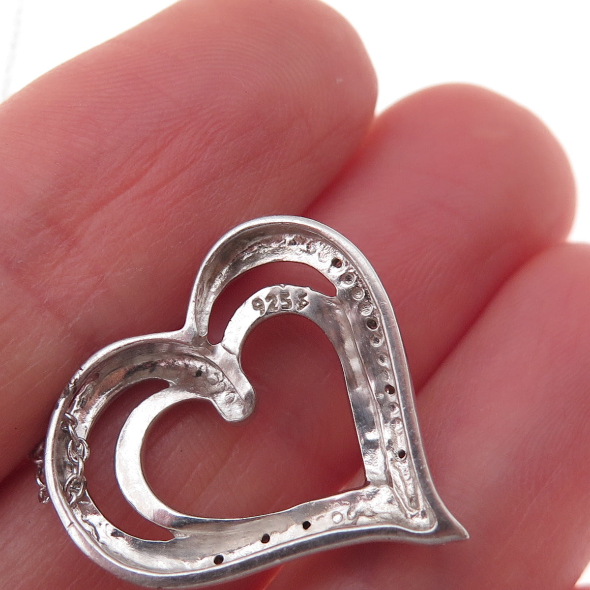 925 Sterling Silver Real Round-Cut Diamond Heart Cable Chain Necklace 18"