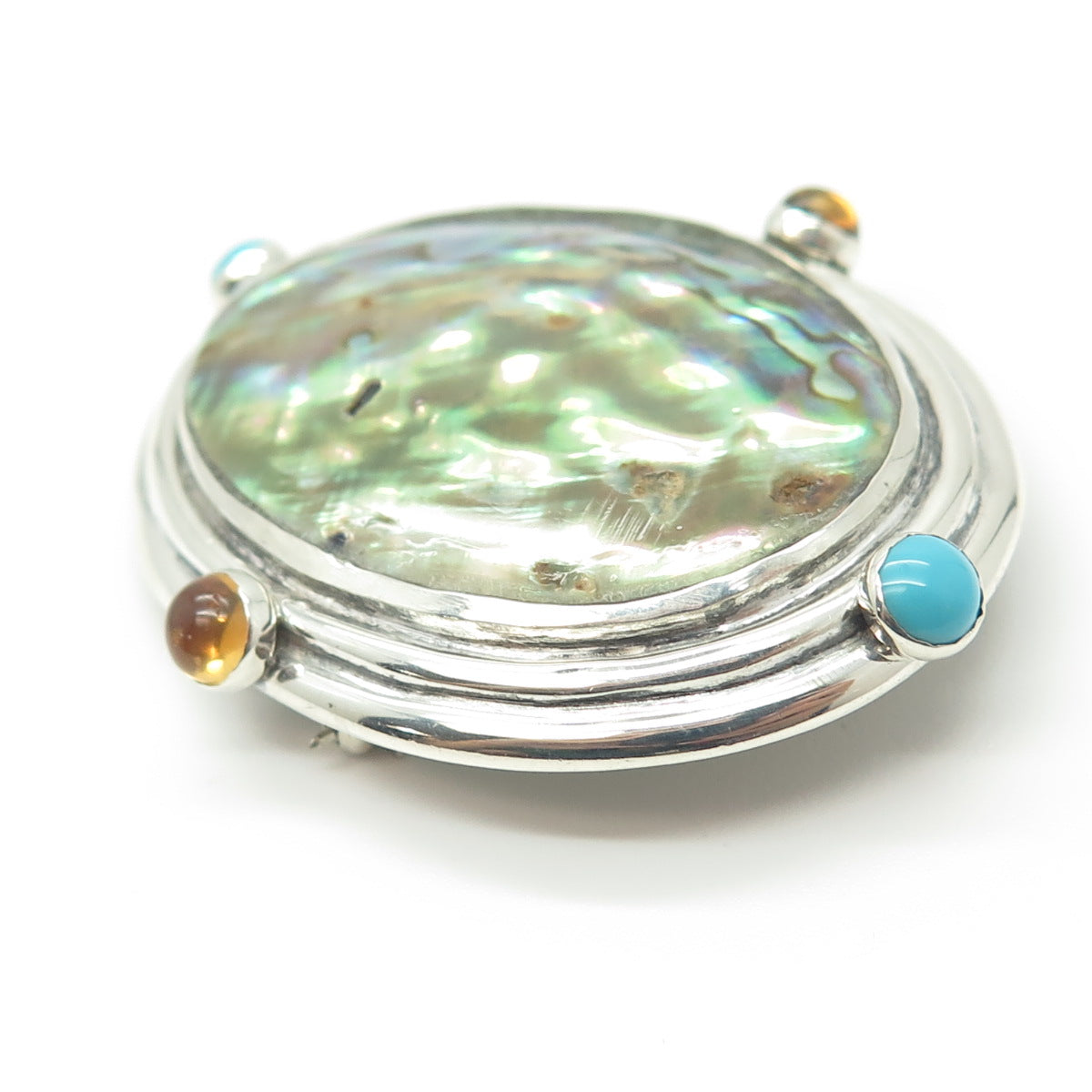 925 Sterling Silver Vintage Abalone Shell Turquoise Citrine Large Pin Pendant