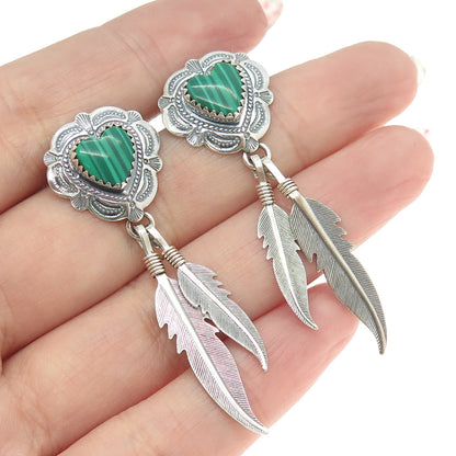 QUOC TURQUOISE Sterling Vintage Southwestern Malachite Heart & Feather Earrings