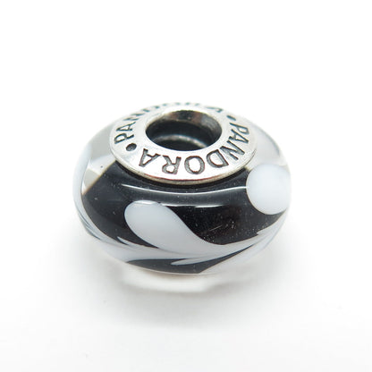 PANDORA 925 Sterling Silver Murano Glass White & Black Branches Bead Charm