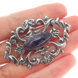 925 Sterling Silver Antique Mexico Real Amethyst Floral Oxidized Pin Brooch