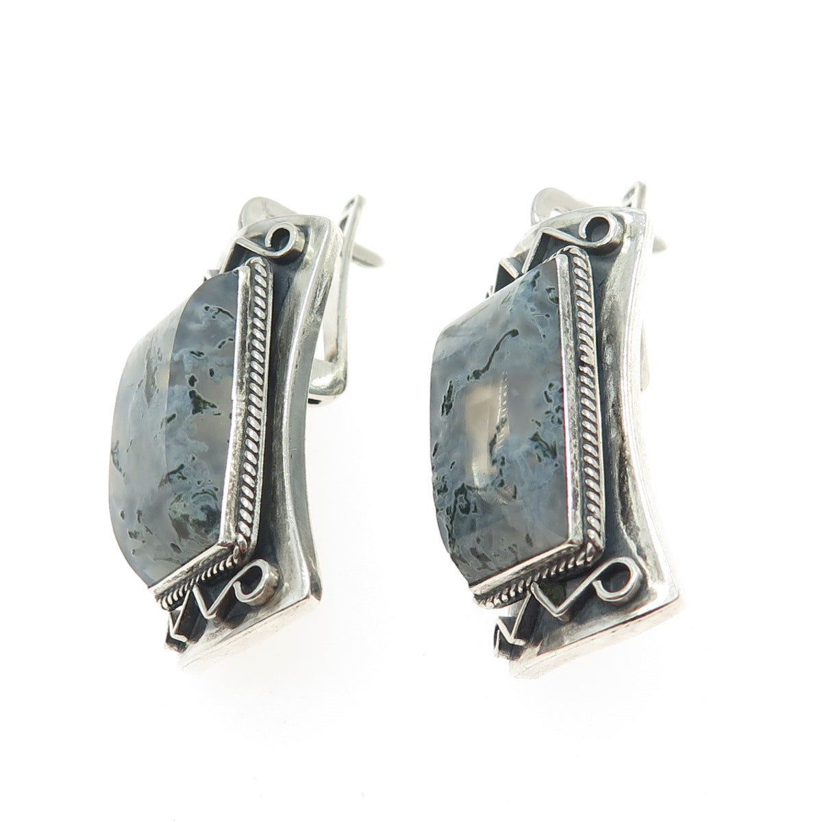 925 Sterling Silver Vintage Real Agate Modernist Oxidized Earrings