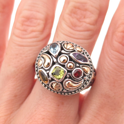 Samuel Benham 925 Sterling Silver 18K Gold Vintage Real Multi-Gem Ring Size 9