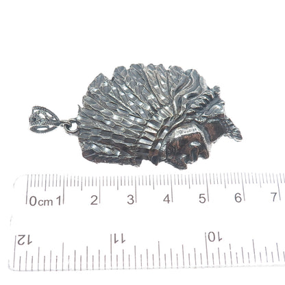 925 Sterling Silver Vintage Southwestern Indian Chief Head Oxidized Pendant