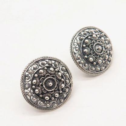 925 Sterling Silver Vintage Topazio Cannetille Round Screw Back Earrings