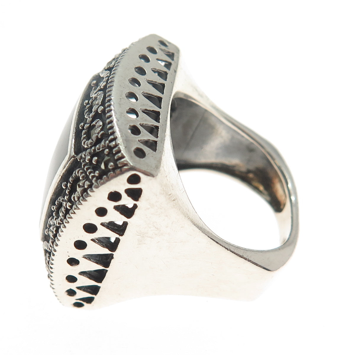CHAPAL ZENRAY 925 Sterling Silver Abalone Shell & Marcasite Gem Wide Ring Size 7