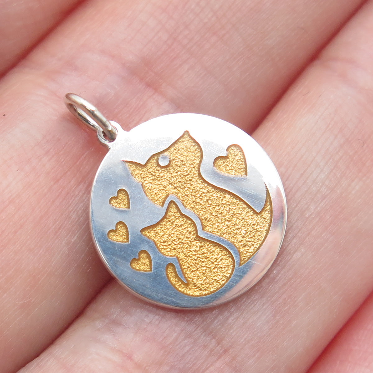 925 Sterling Silver Enamel Dog & Cat Friendship Round Minimalist Charm Pendant