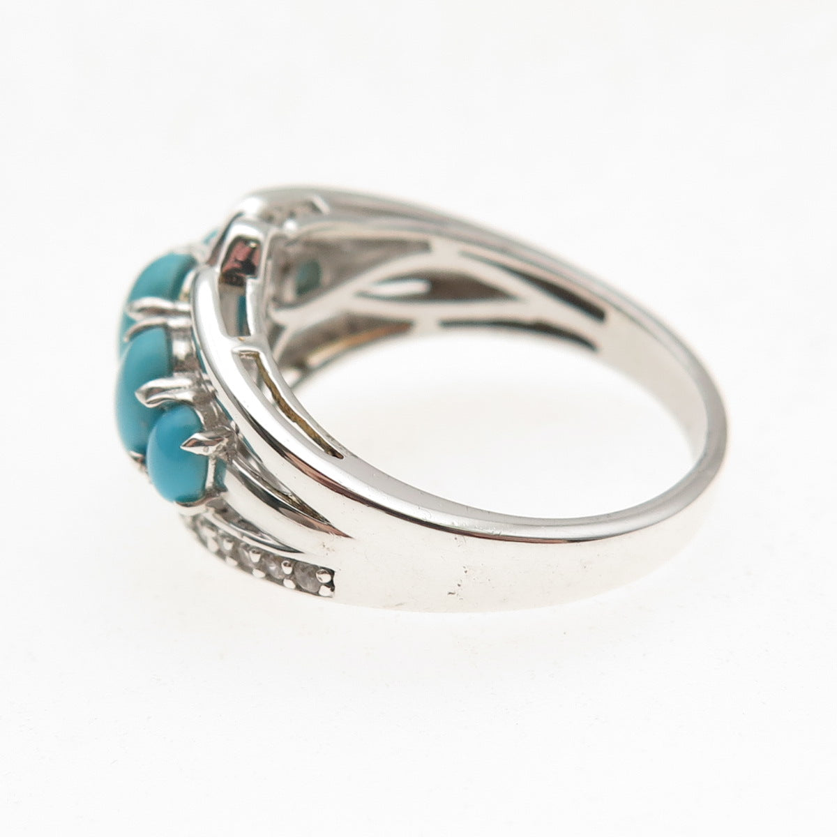 925 Sterling Silver Real Sleeping Beauty Turquoise & White Topaz Ring Size 8.25
