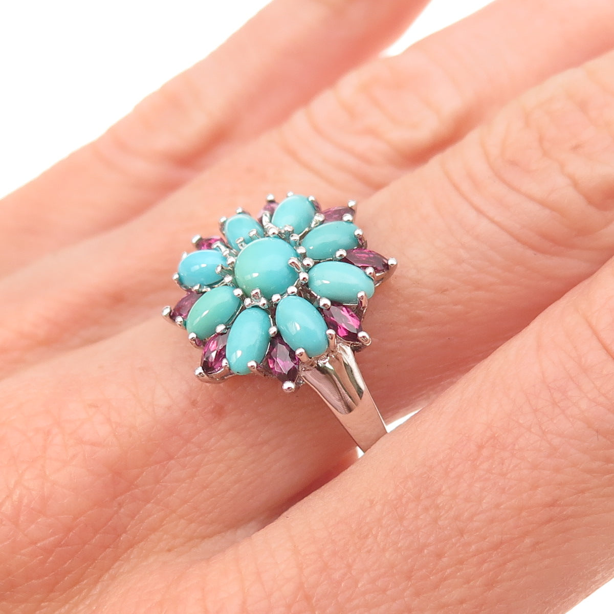 925 Sterling Silver Real Sleeping Beauty Turquoise & Tourmaline Ring Size 8.25