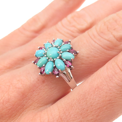 925 Sterling Silver Real Sleeping Beauty Turquoise & Tourmaline Ring Size 8.25