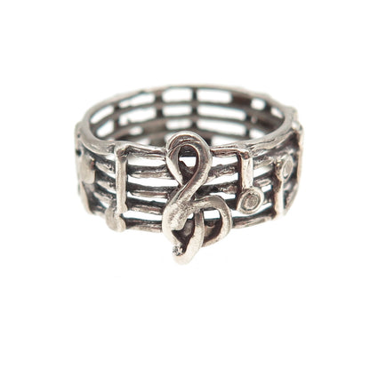 925 Sterling Silver Vintage Treble Clef Music Notes Oxidized Band Ring Size 5.5