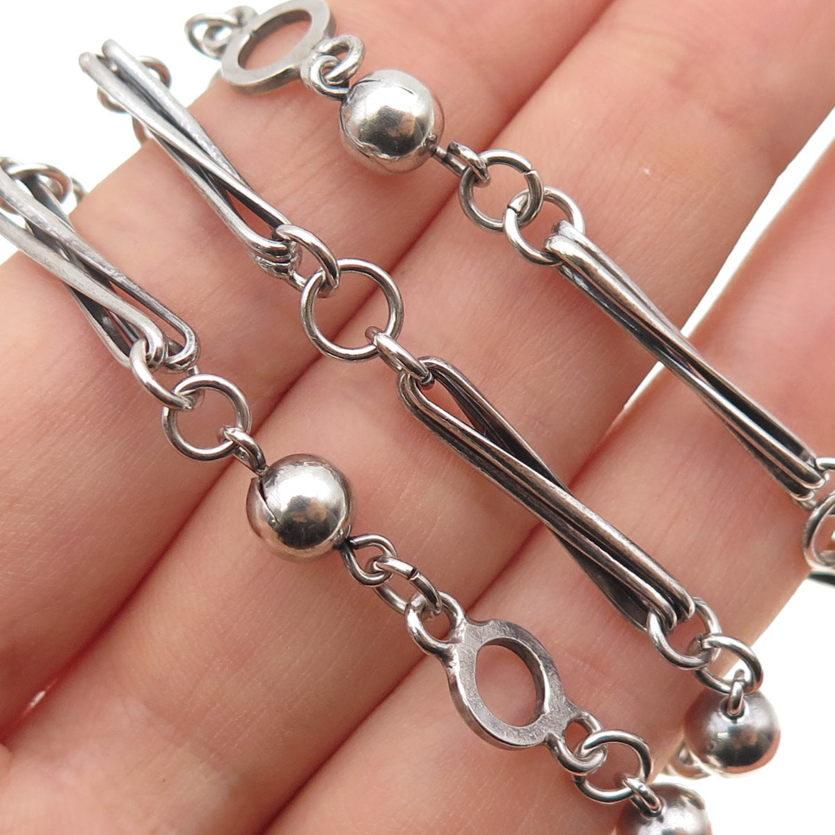 925 Sterling Silver Vintage Israel Beaded Bar Chain Necklace 16" (missing lock)