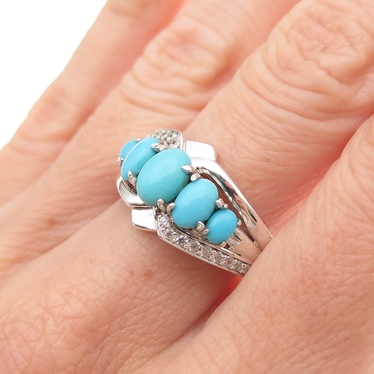 925 Sterling Silver Real Sleeping Beauty Turquoise & White Topaz Ring Size 8.25