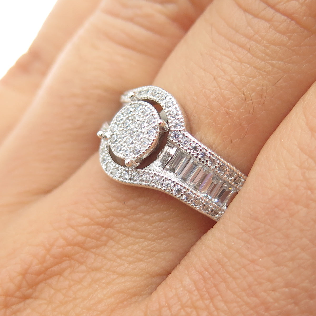 925 Sterling Silver Round & Emerald-Cut C Z Engagement Ring Size 7.25