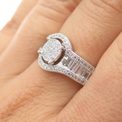 925 Sterling Silver Round & Emerald-Cut C Z Engagement Ring Size 7.25