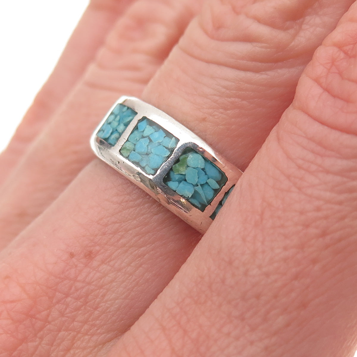 Old Pawn 925 Sterling Silver Vintage Turquoise Inlay Tribal Band Ring Size 7.75