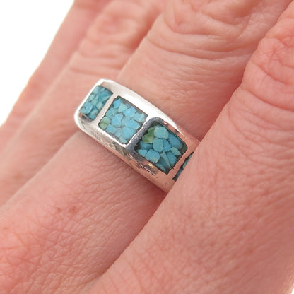 Old Pawn 925 Sterling Silver Vintage Turquoise Inlay Tribal Band Ring Size 7.75